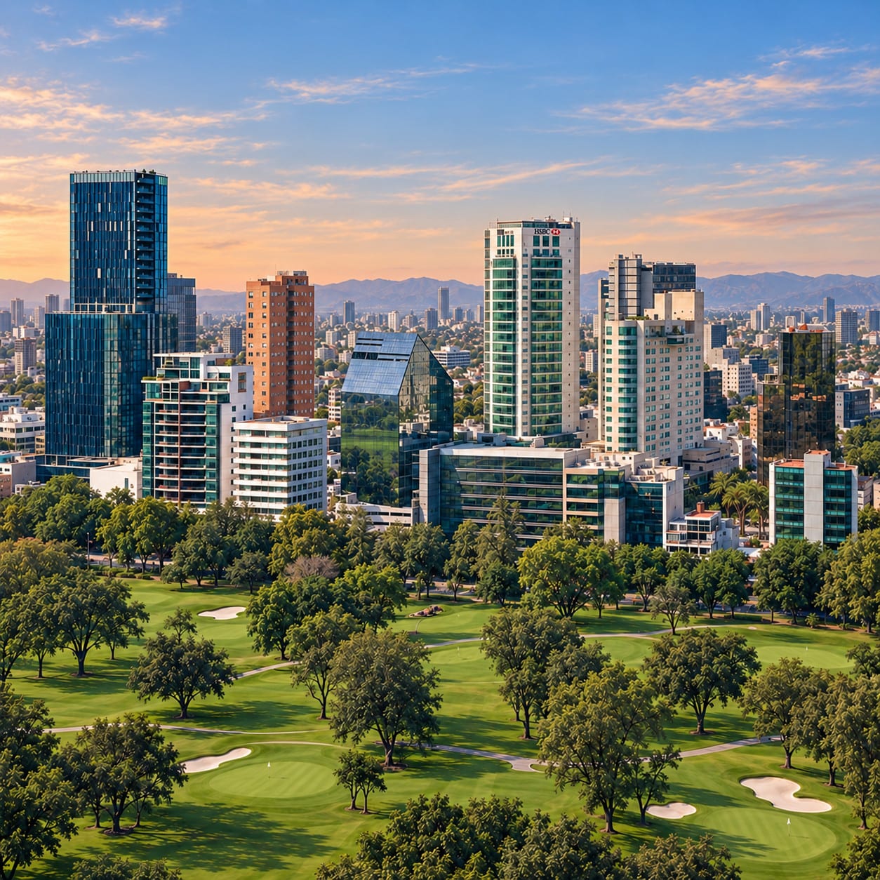 Vista aérea al atardecer de torres residenciales junto a un campo de golf en la zona Country de Guadalajara